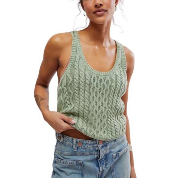 FREE PEOPLE Tops - LAST ONE! Free People High Tide Cable Knit Tank Top in Green Tea Size XL NWT
